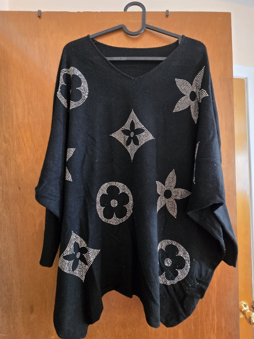 Women's Black Studded V-Neck Poncho